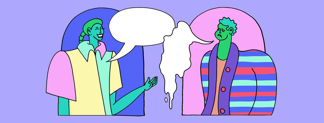 two people engage in conversation word bubbles, but one has a speech problem, and their world bubble is melting