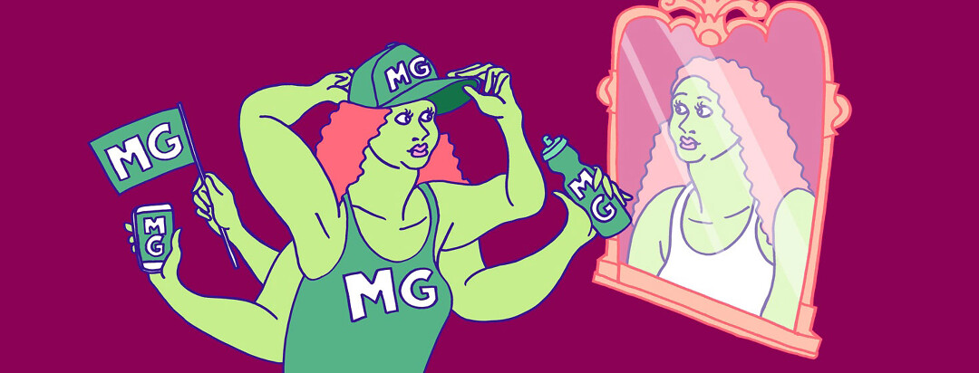 a woman looks in the mirror as she puts on MG branded gear to raise awareness