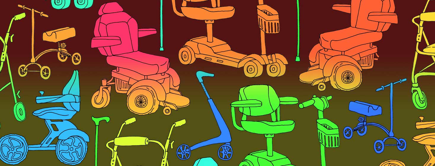 a wall-paper-style print of several mobility device illustrations