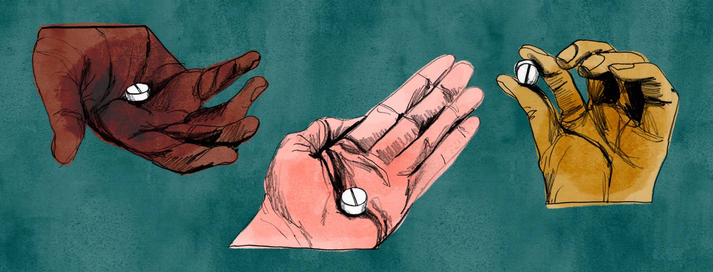 several different hands are holding an Azathioprine pill