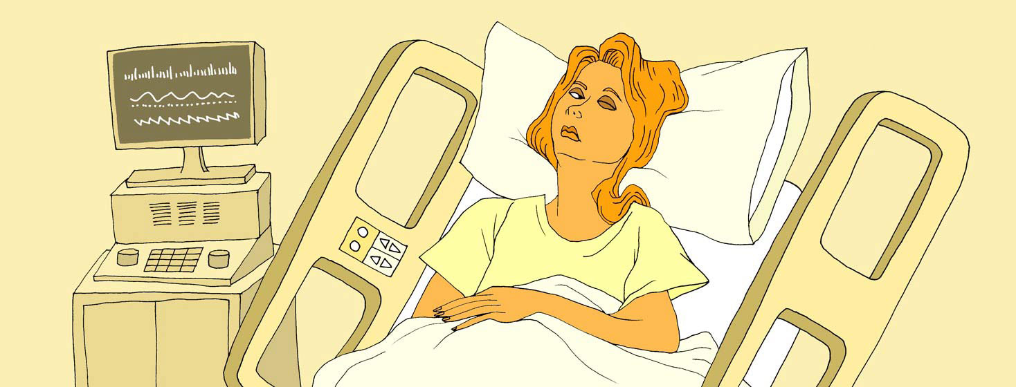a woman lies in a hospital bed with one of her eyes shut