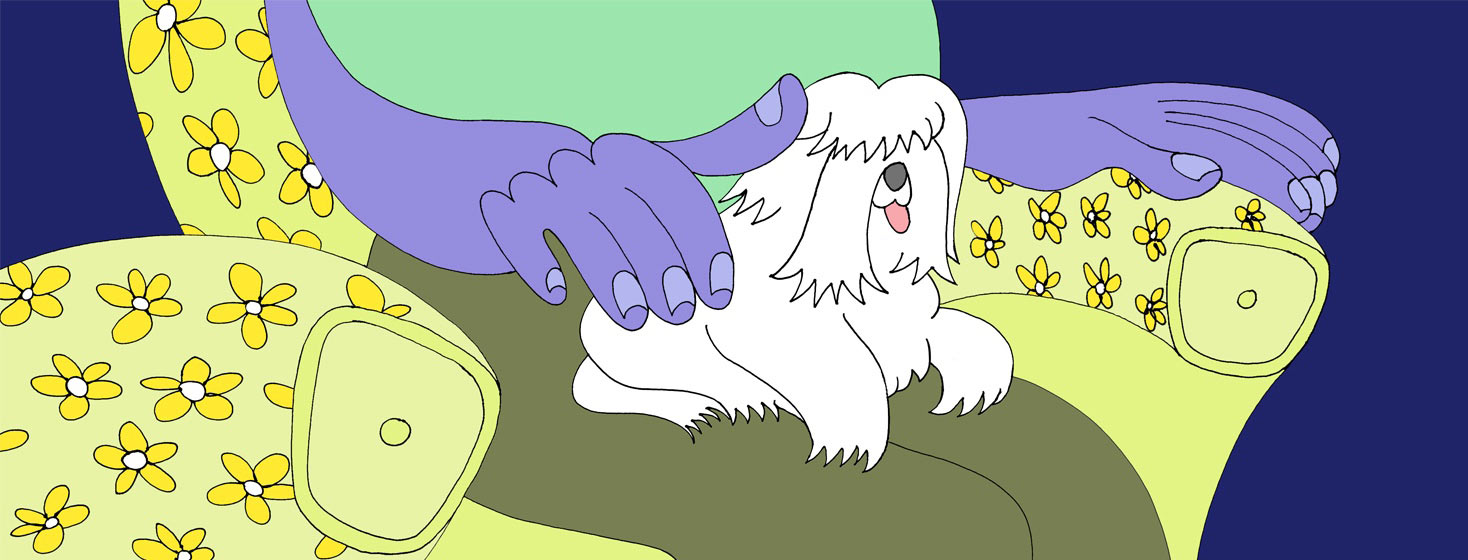 a cartoon of a man petting a dog in his lap
