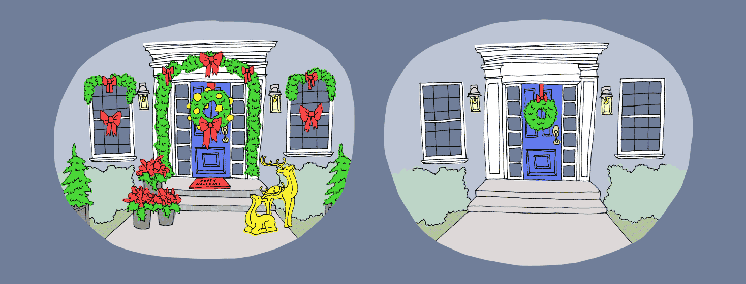 two versions of the same home during the holidays, but one has far less decorations due to adjusting to holidays with myasthenia gravis
