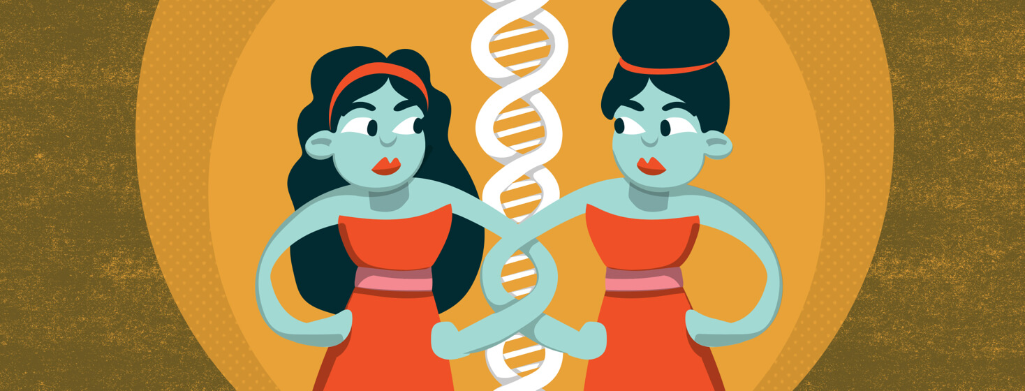 Twin women lock arms and become part of a large strand of DNA. Genetics, similar, same, identical, hereditary, siblings Female POC adult