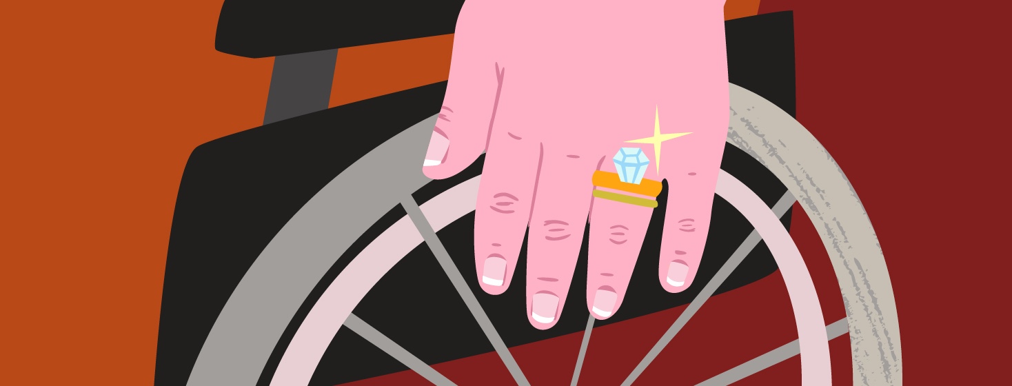 a hand with a wedding ring pushes a wheelchair MG and relationships