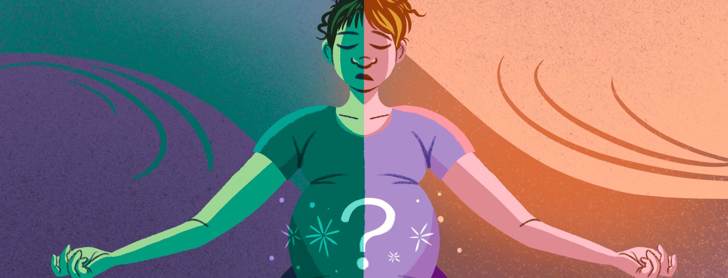 A pregnant person with a neutral face and their arms spread wide, with a question mark on their rounded belly. The image is split down the middle into a cool blue side and a warm orange side.