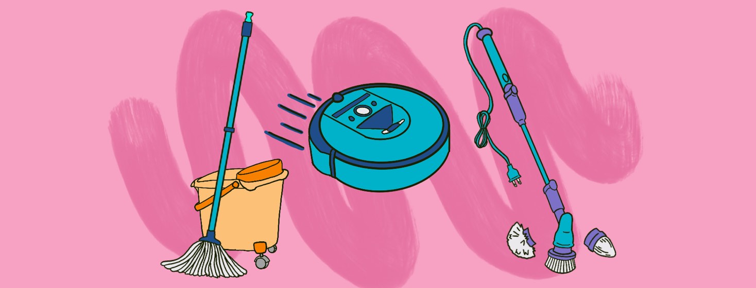 A mop with a rolling bucket, a robotic vacuum cleaner, and a corded electric scrub brush with multiple brush head attachments.