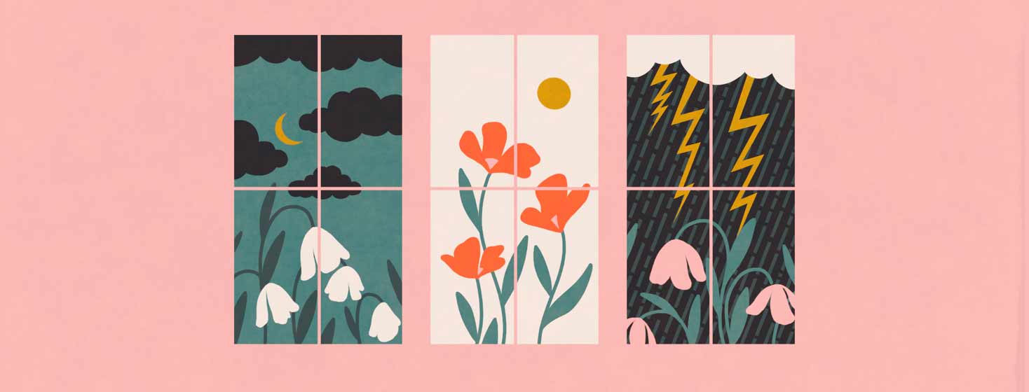 The same scene of a sky and flowers through a window is shown in 3 different scenarios - dark and cloudy, bright and sunny, and rainy and stormy. weather, different conditions, day to day, change, mood, flowers, rain, storm, sad, happy