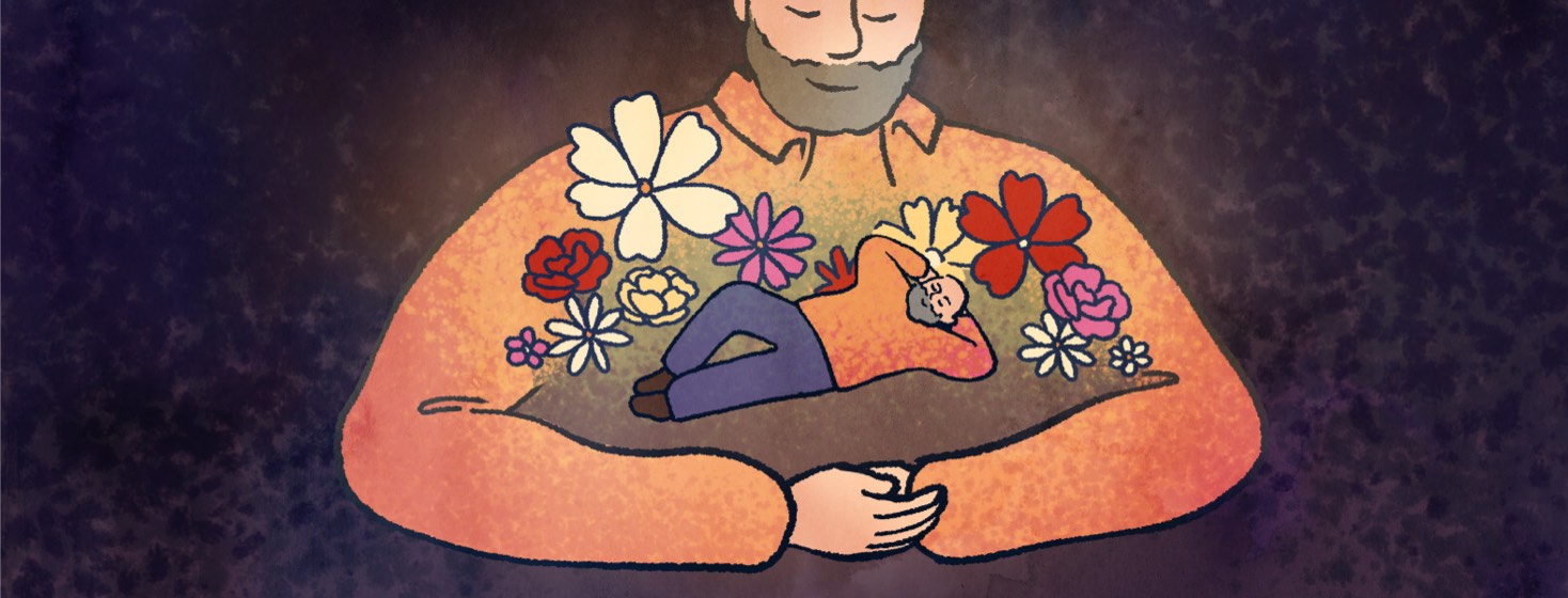 A man with a gentle smile. Encircled by his arms is a smaller, relaxed version of himself surrounded by flowers.