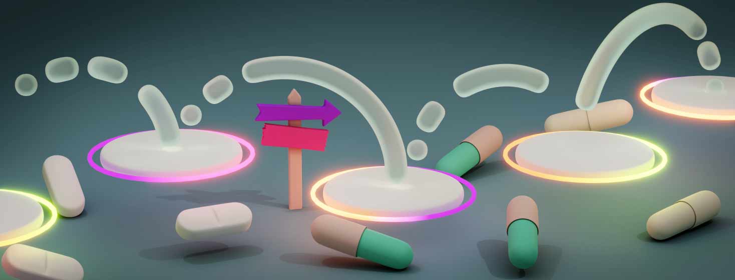 An abstracted path with movement lines jumping from a floating circular platform to a circular platform, each by a light ring. Beneath the floating platforms are a variety of pills and tablets representing a medication journey.
