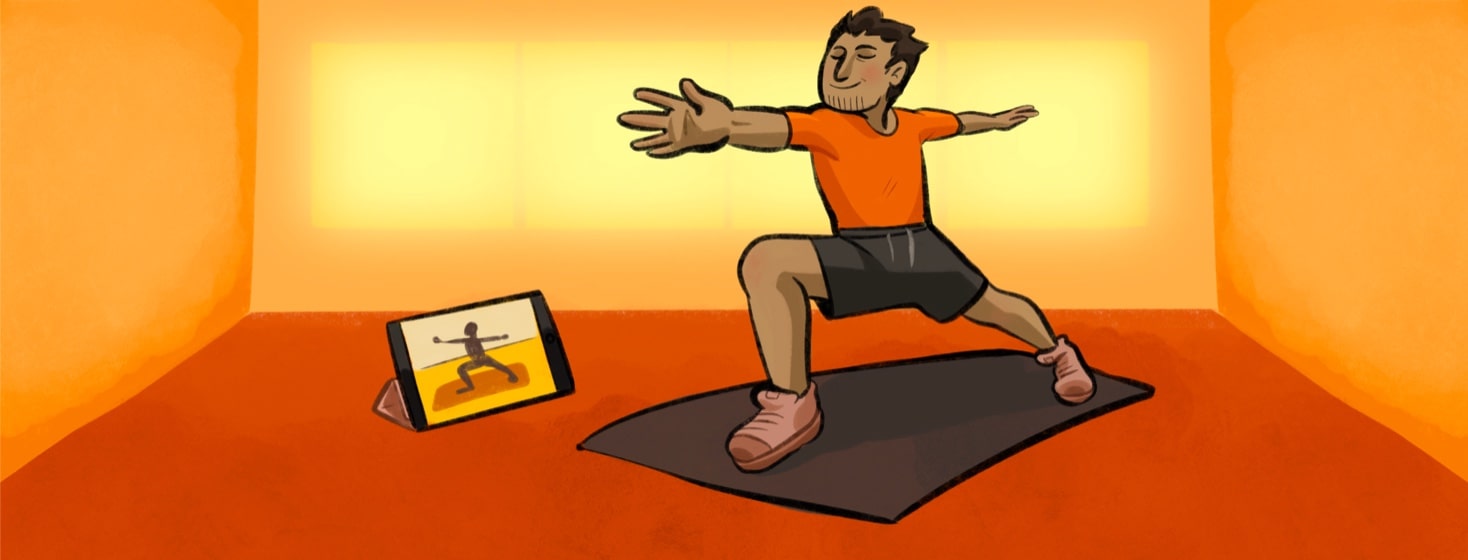 An older man can be seen following along with a yoga tutorial, yogi, tablet, technology, yoga mat, age, stretch, exercise