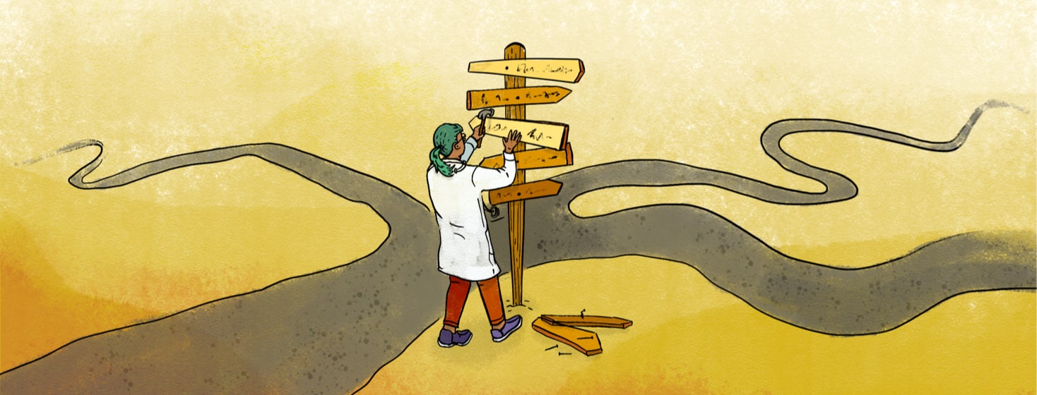 Doctor hammering a pointing sign onto a post filled with other signs; roads in different directions in background