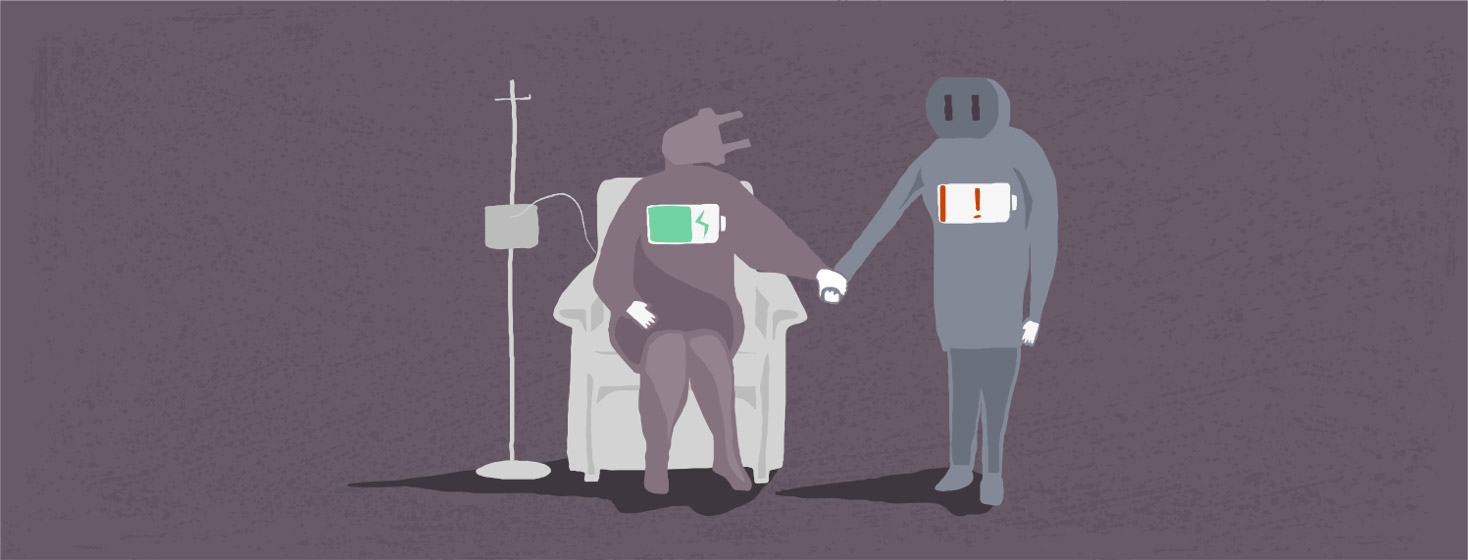 A figure with an electrical plug for a head sits in a chair receiving IV treatment. There is a battery symbol on its chest showing its charging. There is another figure holding its hand, with a low battery warning on its chest.