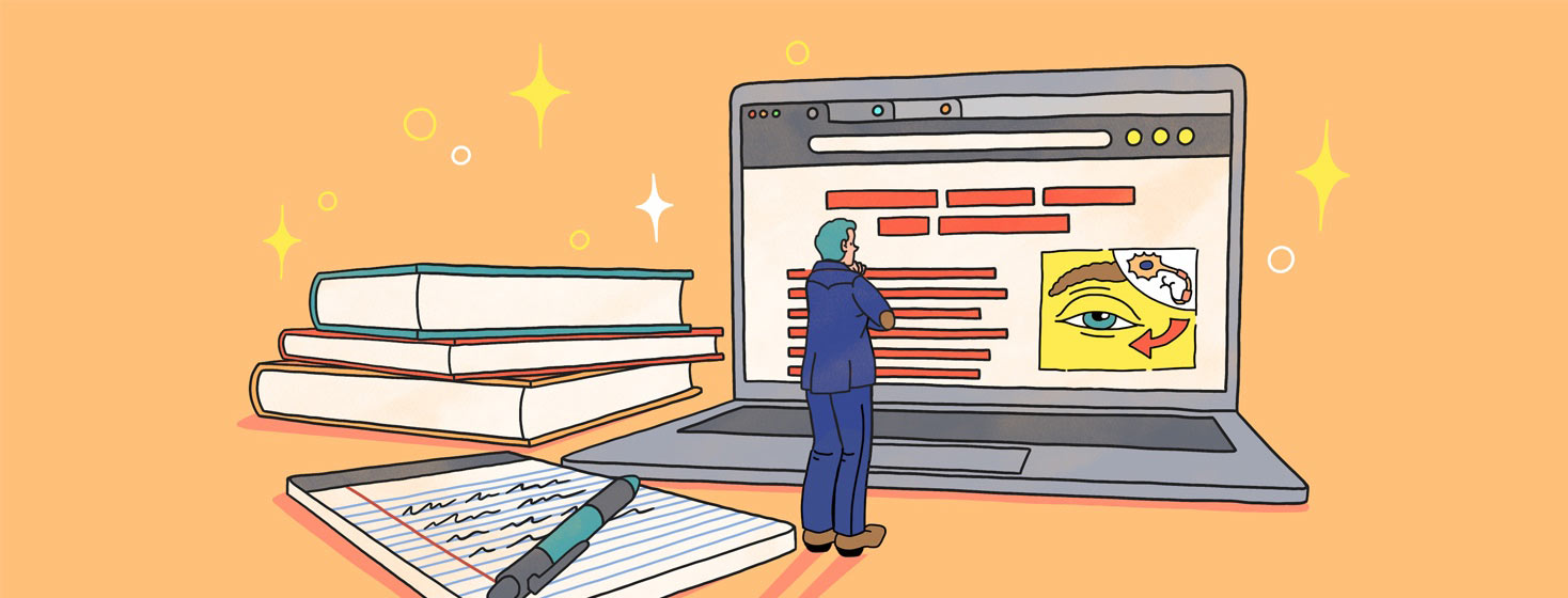 a man standing at an oversized computer and stack of books, learning about myasthenia gravis