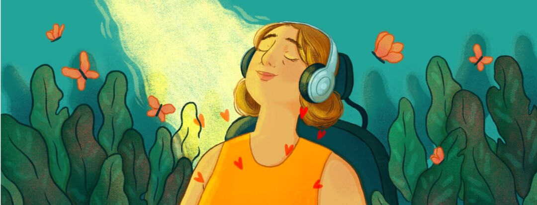 A smiling woman with headphones on is surrounded by leaves and butterflies, the sun is shining on her face.