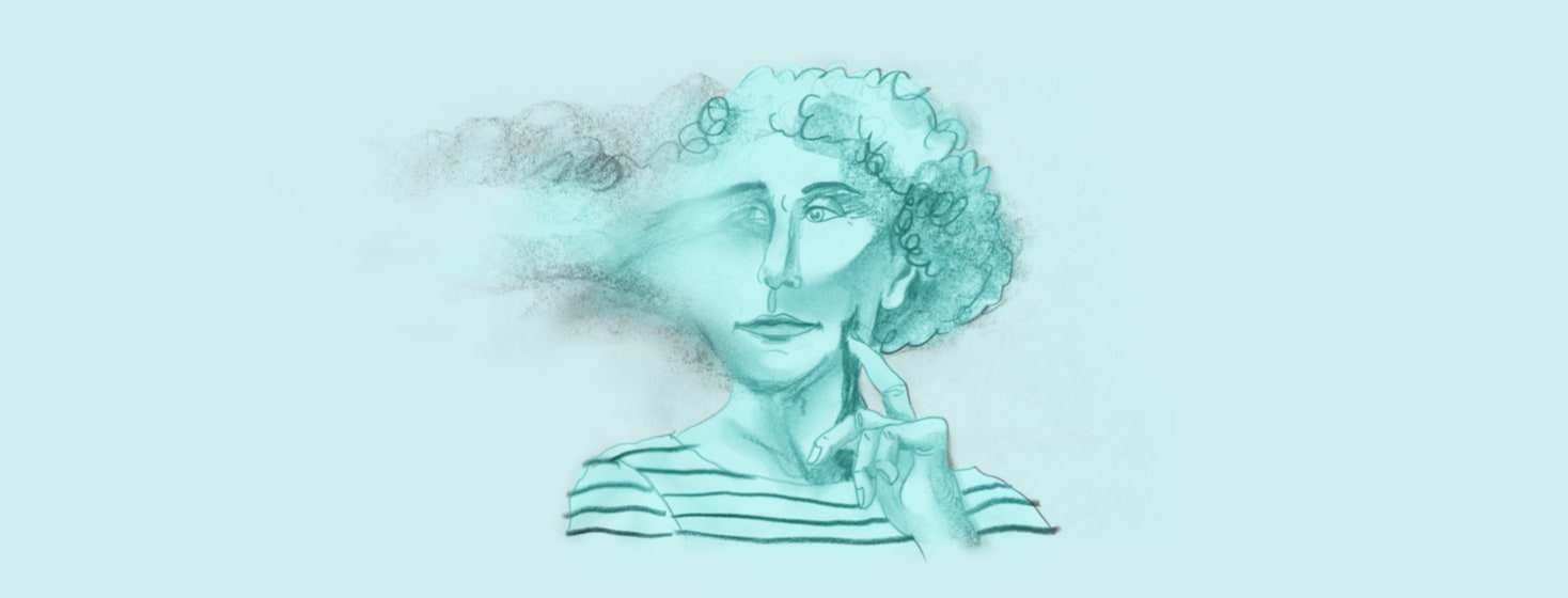 A pencil drawing of a woman where half of her face and eye are blurring and fading away.