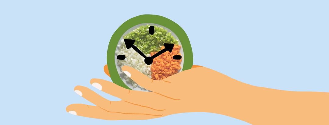 An outreached hand holds a clock in it's palm. There is an image of diced mirepoix vegetables on the face.