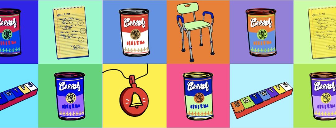 A series of squares in a pop art style. Inside are a series of canned soups, a shower chair, pill box, and a emergency alert button.