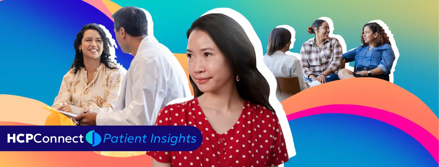 A woman looks out confidently past scenes of a patient and doctor talking and people in a support group having a conversation.