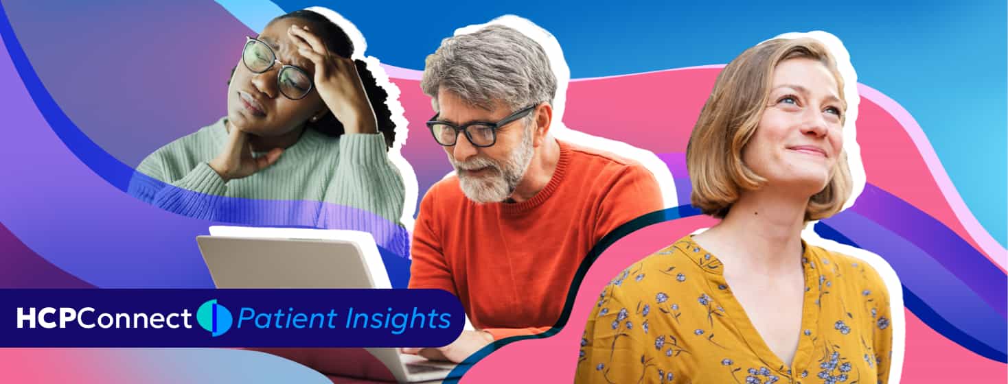 A woman with a frustrated expression, a man researching on a computer, and a woman with a hopeful expression looking up.