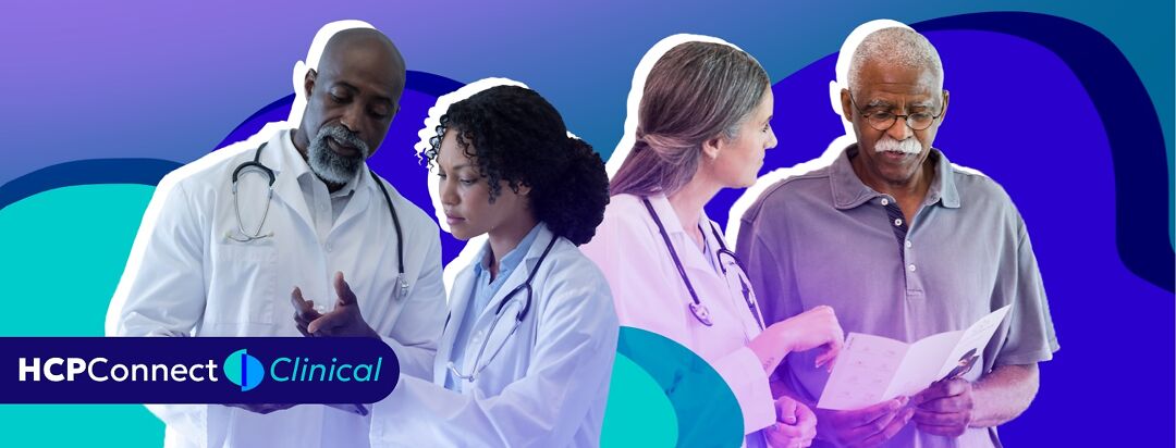 Two doctors look at a tablet together, while another doctor reviews notes with a patient.