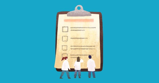 Three doctors stand in front of a giant clipboard with notes
